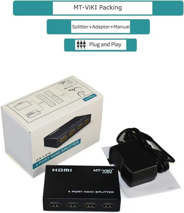 Alt view image 7 of 7 - MT-ViKI HDMI Splitter 1 in 4 Out 1x4 Power HDMI Splitter 4 Ports w/AC Adapter 4Kx2K@30Hz 3D Full HD Distributor for PS4 Fire Stick HDTV