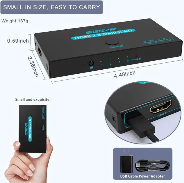 Alt view image 2 of 7 - SGEYR HDMI 2.0 Switch 4 Port, HDMI Switch Splitter 4 in 1 Out, Metal HDMI Switcher 4K with IR Remote, Support HDCP 2.2 Support 4K@60Hz Ultra HD 3D 2160P 1080P, Compatible for PS3/PS4,Xbox