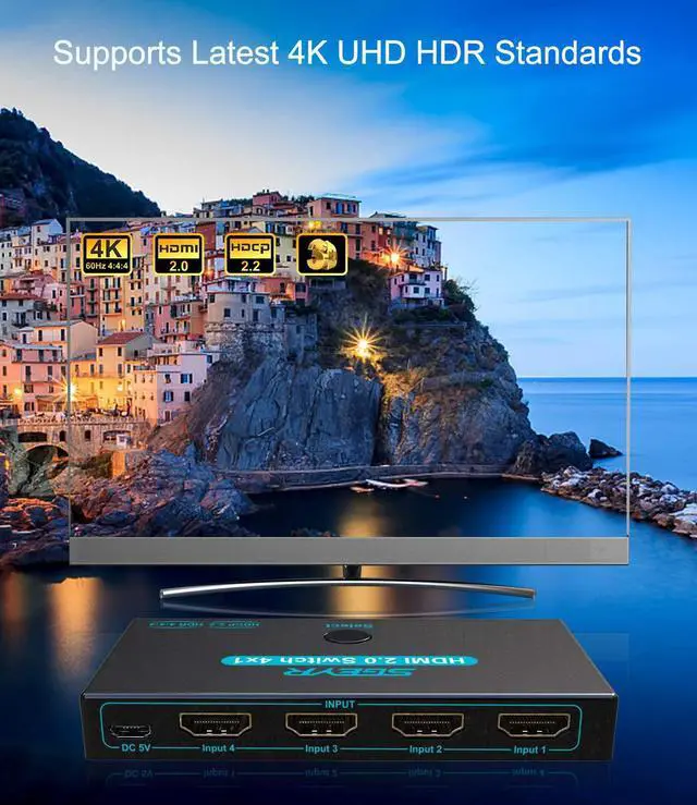 Alt view image 5 of 7 - SGEYR HDMI 2.0 Switch 4 Port, HDMI Switch Splitter 4 in 1 Out, Metal HDMI Switcher 4K with IR Remote, Support HDCP 2.2 Support 4K@60Hz Ultra HD 3D 2160P 1080P, Compatible for PS3/PS4,Xbox