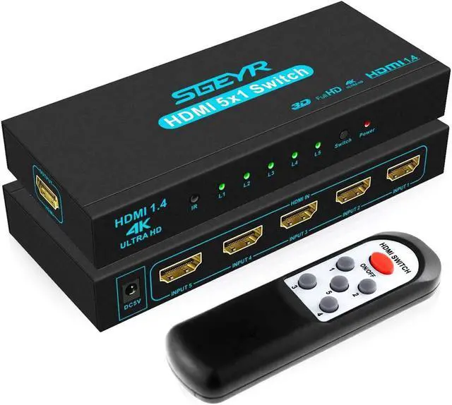 Main image of HDMI Switch SGEYR 5x1 HDMI Switcher 5 in 1 Out HDMI Switch Selector 5 Port Box with IR Remote Control HDMI 1.4 HDCP 1.4 Support 4K@30Hz Ultra HD 3D 2160P 1080P