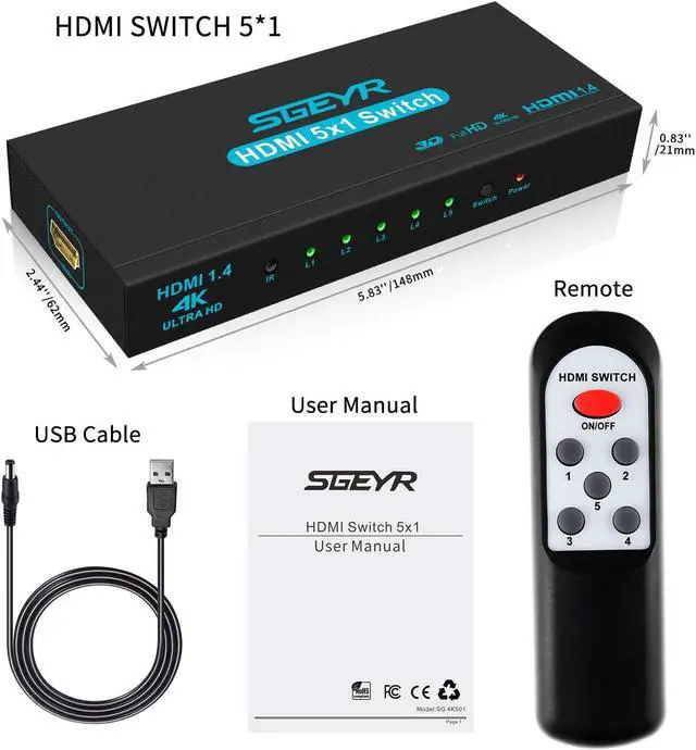 Alt view image 7 of 7 - HDMI Switch SGEYR 5x1 HDMI Switcher 5 in 1 Out HDMI Switch Selector 5 Port Box with IR Remote Control HDMI 1.4 HDCP 1.4 Support 4K@30Hz Ultra HD 3D 2160P 1080P