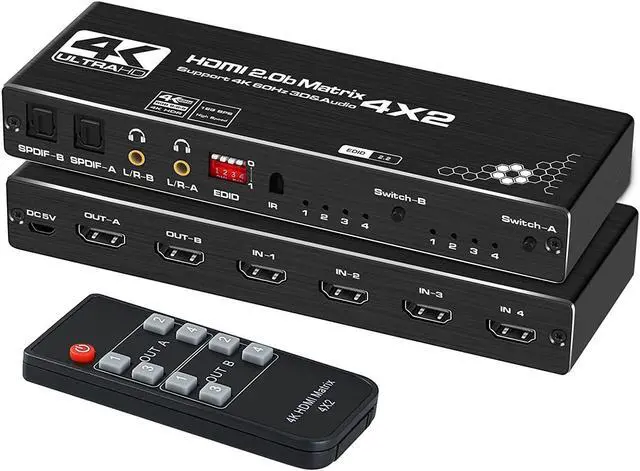 Main image of Links 4K@60Hz 4x2 HDMI Matrix Switch, HDMI 2.0b Matrix Switch 4 in 2 Out, 4K HDMI Switcher Splitter + Optical and L/R Audio Output, Scaler EDID with Remote, HDCP2.2, HDR 10