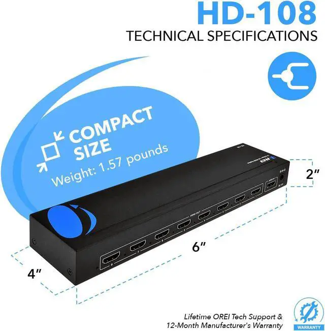 Alt view image 6 of 7 - 1080p 1x8 HDMI Splitter by OREI - 1 Port to 8 HDMI Display Duplicate/Mirror - Powered Splitter Ver 1.3 Certified for Full HD 1080P High-Resolution 3D Support (One Input To Two Outputs) - HD-108