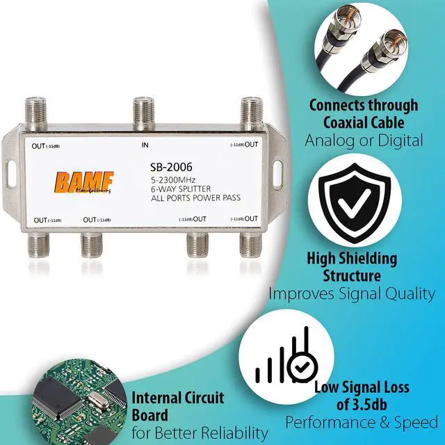 Alt view image 7 of 7 - BAMF 6 Way Coaxial Cable Splitter Bi-Directional Coax MoCA 5-2300MHz RG6 Compatible Nickel Plated Cable Splitter 2 Way Internet and TV Splitter Satellite Antenna Analog/Digital Connections