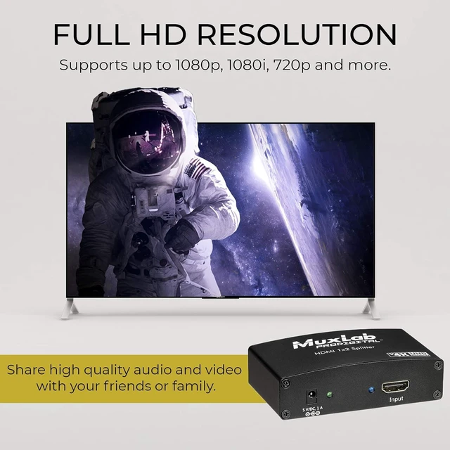 Alt view image 6 of 6 - MuxLab 1x2 HDMI Splitter 1 in 2 Out, Supports 3D 4K@30HZ Full HD 1080P @ 60Hz for Xbox PS4 PS3 Fire Stick Roku Blu-Ray Player HDTV (1 Source to 2 Displays, for Dual Duplicate Monitors)