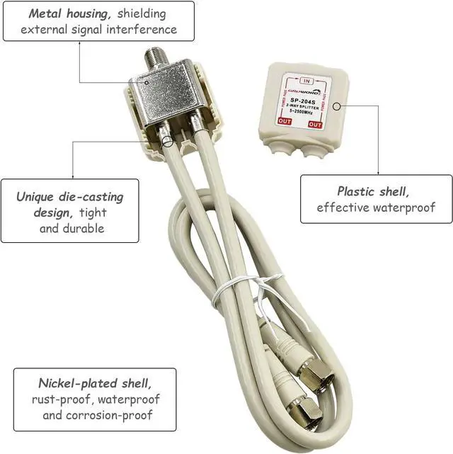 Alt view image 6 of 7 - GROWORD Satellite Splitter 5-2500MHz, 2-Way CATV Splitter with RG6 Coaxial Cable and 2 Connectors, for Pass Power to LNB, Improve HD TV Satellite Antenna Signal Quality, Corrosion Resistant