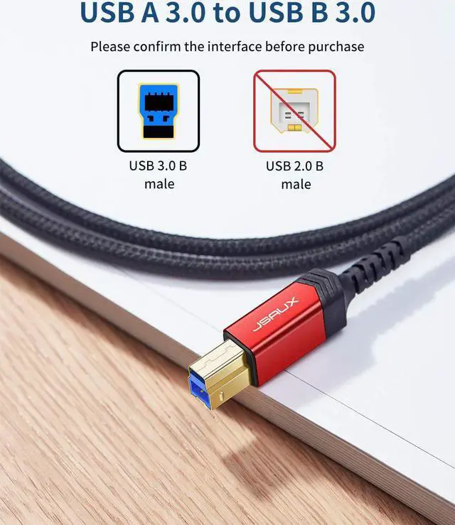 Alt view image 2 of 7 - JSAUX USB 3.0 Printer Cable, Type A Male to B 3.0 Male (10ft/3M) USB 3.0 Type B Upstream Cord Nylon Braided Compatible with Docking Station, External Hard Drivers, Scanner, Printer and More(Black)