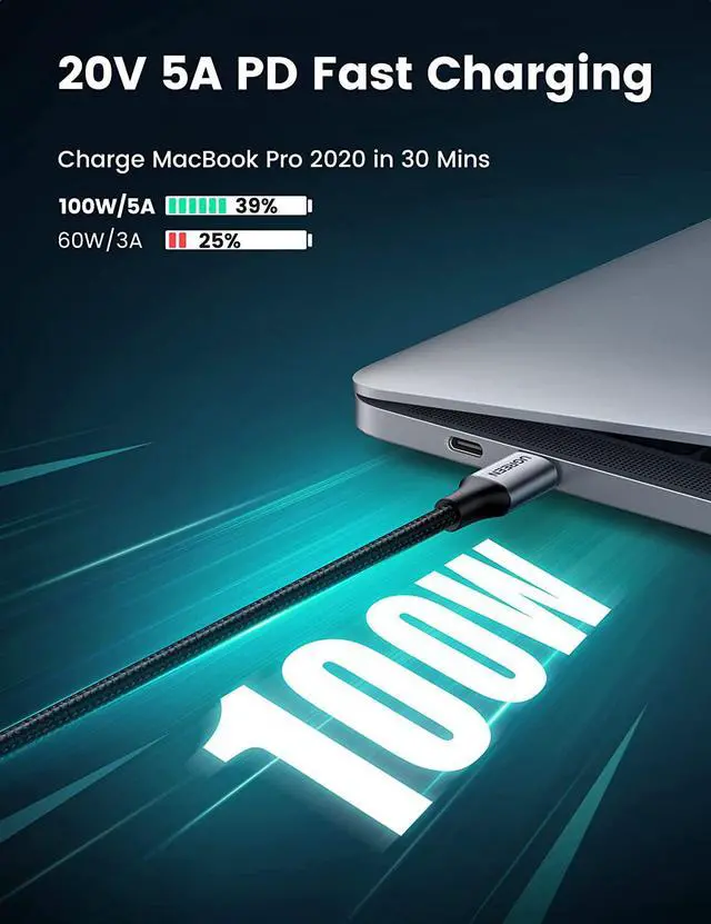 Alt view image 2 of 7 - UGREEN USB C to USB C Cable 100W Fast Charge - 3FT USB 2.0 Type C 5A Power Delivery Nylon Braided Charging Cord Compatible for MacBook Pro 2021 iPad Pro Samsung Galaxy S21 S20 Note 20 Dell XPS Pixel