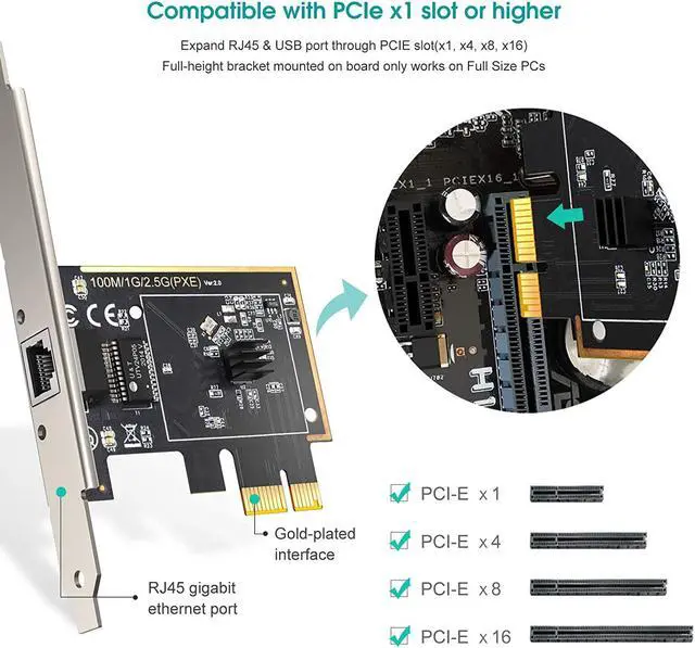 Alt view image 2 of 7 - (Upgraded) 2.5GBase-T PCIe Network Adapter, 2500/1000/100Mbps PCI Express Gigabit Ethernet Card RJ45 LAN Controller Support Windows Server/Windows, Standard and Low-Profile Brackets Included