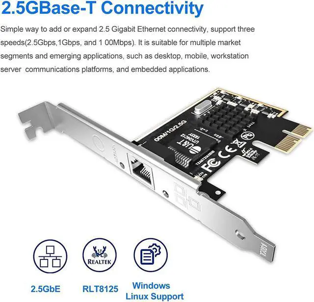 Alt view image 2 of 6 - 2.5GBase-T PCIe Network Adapter with 1 Port, 2500/1000/100Mbps PCI Express Gigabit Ethernet Card RJ45 LAN Controller Support Windows Server/Windows/Linux, Standard and Low-Profile Brackets Included