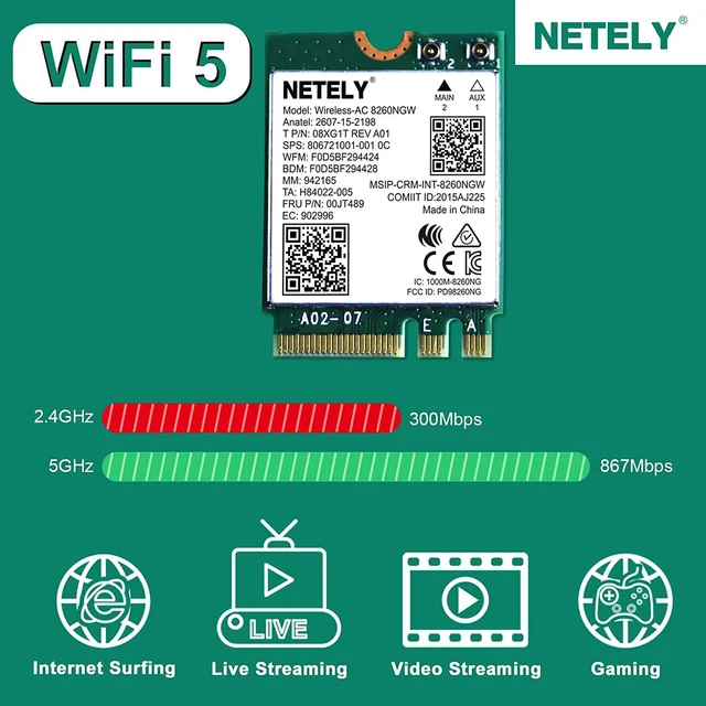 Alt view image 2 of 6 - Wireless-AC 8260NGW NGFF M2 Interface WiFi Bluetooth Adapter-Wireless-AC 1200Mbps (2.4GHz 300Mbps & 5GHz 867Mbps) Network Card with Bluetooth 4.2(Wireless-AC 8260NGW)