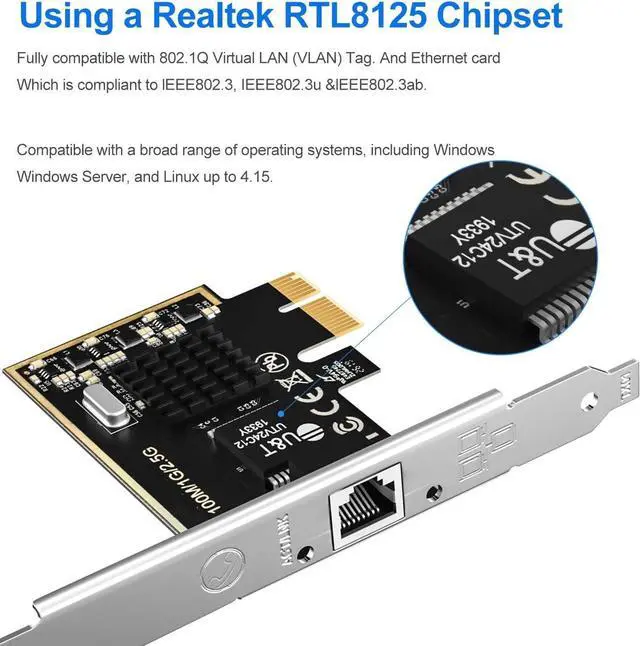 Alt view image 3 of 7 - 2.5GBase-T PCIe Network Adapter with 1 Port, 2500/1000/100Mbps PCI Express Gigabit Ethernet Card RJ45 LAN Controller Support Windows Server/Windows/Linux, Standard and Low-Profile Brackets Included