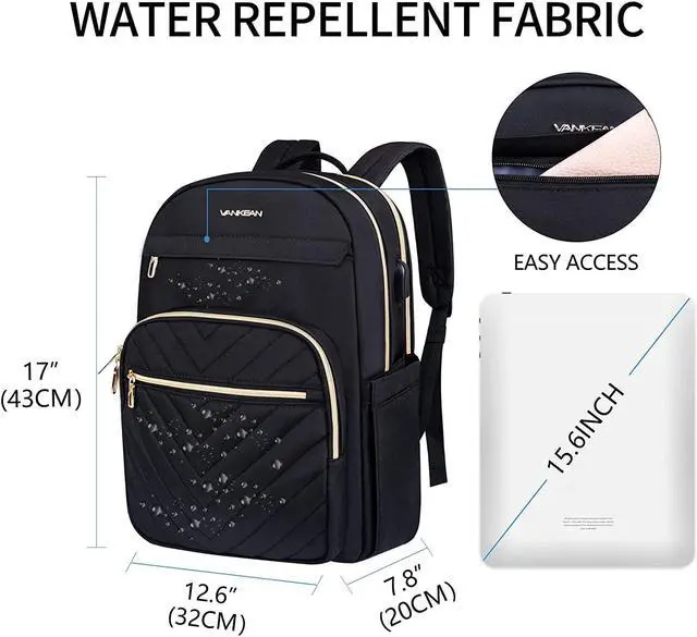 Alt view image 2 of 7 - VANKEAN 15.6 Inch Laptop Backpack for Women Men Work Bag Fashion with USB Port, Waterproof Backpacks Nurse Stylish Travel Bags Casual Daypacks for College, Business, Black