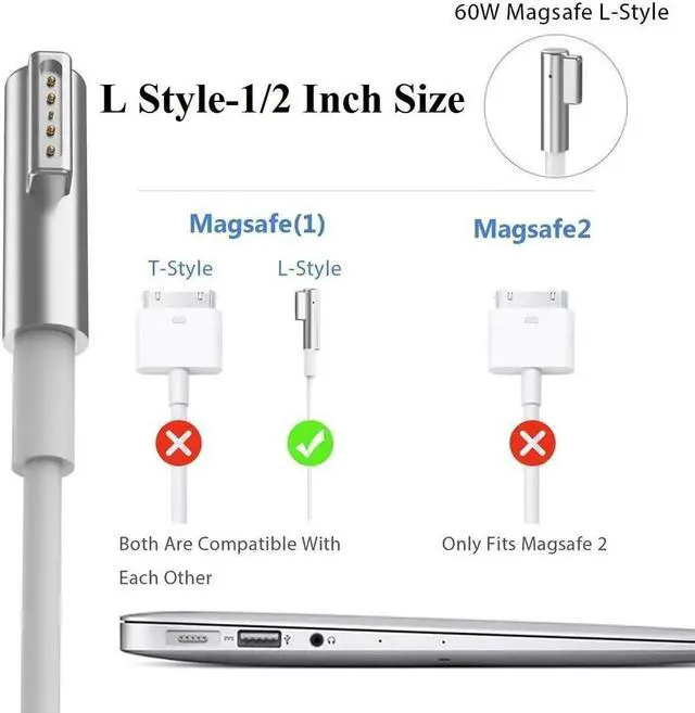 Alt view image 3 of 7 - Replacement for MacBook Pro Charger, 60W Magnetic L-Tip Power Adapter for Mac Book and Mac Book Pro 13-inch (Before Mid 2012 Models)