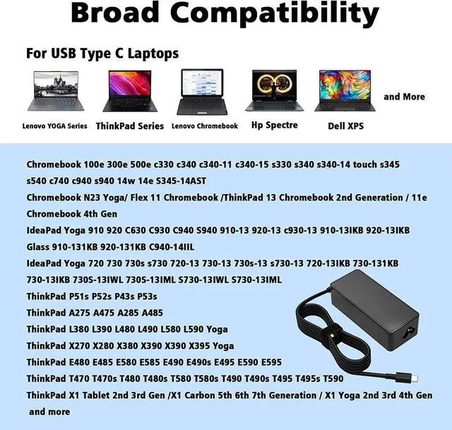 Alt view image 2 of 7 - 65W 45W Type C Power Adapter Chromebook, USB C Charger Fit for Lenovo Chromebook C330 S330 300e 100e 500e Chromebook 2nd Gen MTK AST N23 Yoga Series Laptop AC Adapter Power Supply Cord