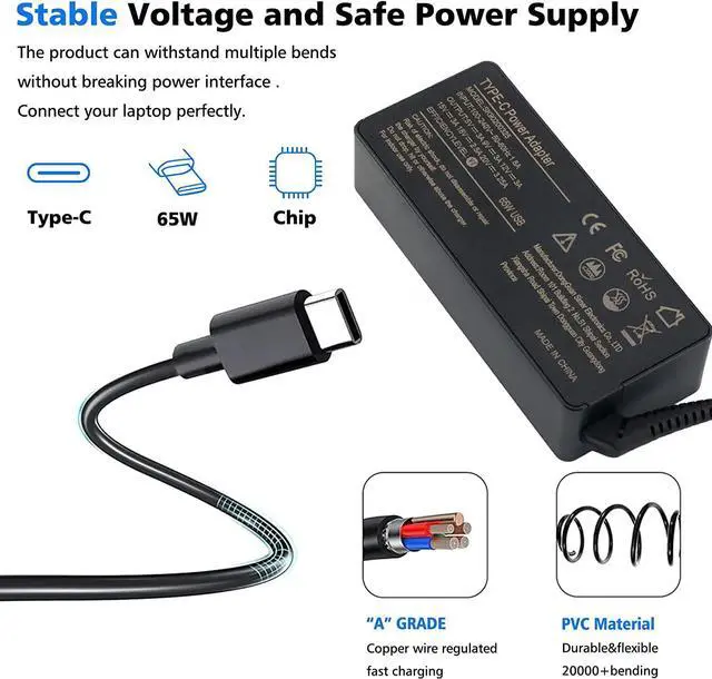 Alt view image 6 of 7 - 65W 45W Type C Power Adapter Chromebook, USB C Charger Fit for Lenovo Chromebook C330 S330 300e 100e 500e Chromebook 2nd Gen MTK AST N23 Yoga Series Laptop AC Adapter Power Supply Cord