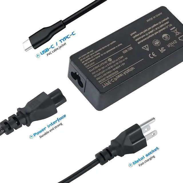 Alt view image 4 of 6 - 65W USB C Type C Charger for Lenovo ThinkPad X1 Carbon X280 X380 X390 T480 T480s T490 T490s T590 L380 L390 E580 E590 E595 Chromebook C330 100E 300E 500E N23 Yoga 910 920 720 730 AC Adapter Power Cord