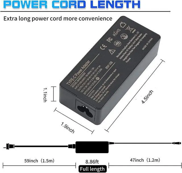 Alt view image 3 of 6 - 65W USB C Type C Charger for Lenovo ThinkPad X1 Carbon X280 X380 X390 T480 T480s T490 T490s T590 L380 L390 E580 E590 E595 Chromebook C330 100E 300E 500E N23 Yoga 910 920 720 730 AC Adapter Power Cord