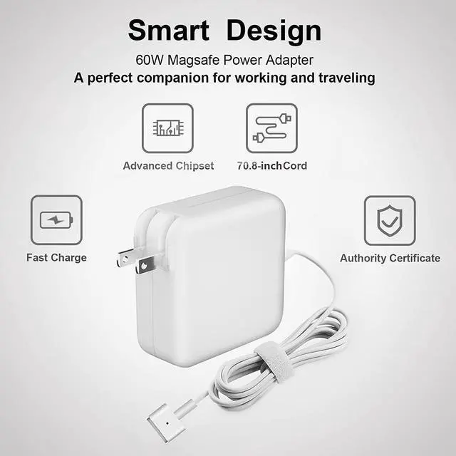 Alt view image 5 of 7 - Compatible for Mac Book Pro Charger with Cord - Replacement Magnetic 60W T-Tip Charger , Universal Power Adapter Compatible for 13-in Mac Book Air/Mac Book Charger with Retina Display(After 2012
