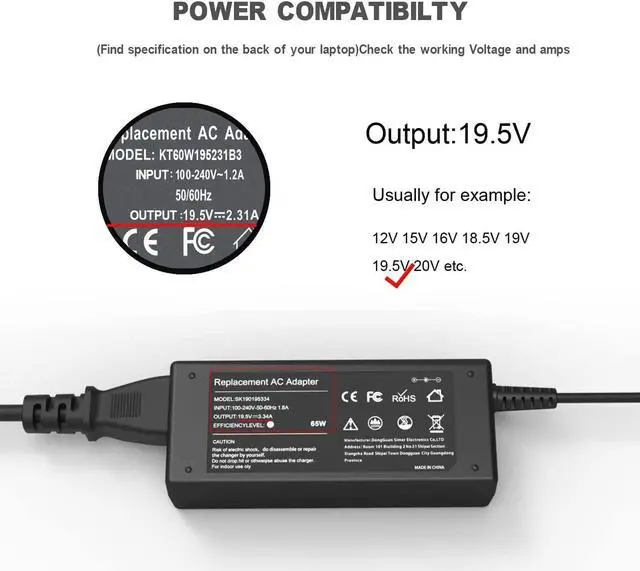 Alt view image 2 of 6 - 45W 65W Computer Charger Replacement for Dell Inspiron 11 13 14 15 3000 5000 7000 inspiron 3452 3551 3552 3558 3559 5552 5555 5558 5559 5565 5567 5568 5570 5578 P51F P25T P24T P57G Laptop Power Cord