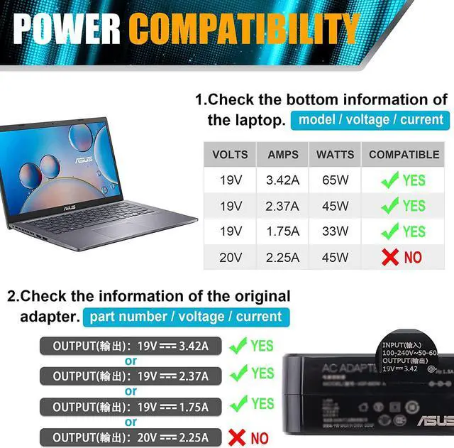 Alt view image 4 of 7 - 65W 45W 33W Universal Asus AC Adapter for Asus Laptop Charger,Asus VivoBook 15, ZenBook Chromebook TransformerBook EeeBook Series Laptop Power Cord(See More Models as Listed)