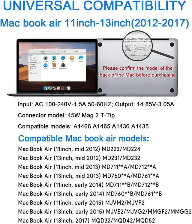 Alt view image 2 of 5 - Replacement Mac Book Air Charger 45W T-Tip AC Shape Connector Power Adapter Charger for Mac Book Air 11 inch and 13 inch After Mid 2012