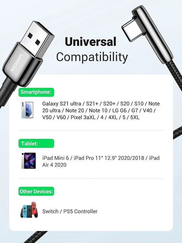 Alt view image 7 of 7 - UGREEN USB C Cable 90 Degree Right Angle USB A to Type C Fast Charging Braided Cord Compatible with iPad Mini 6 Air 4 Samsung Galaxy S21 Note 20 Z Flip Z Fold LG V60 Moto Z Z3 Nintendo Switch 6FT