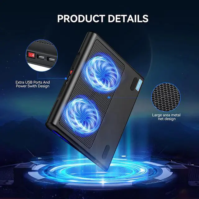 Alt view image 4 of 7 - Laptop Cooling Pad Portable Ultra-Slim Quiet Laptop Notebook Cooler Cooling Pad Stand with 2 USB Powered Fans Fits 12-16 Inches (Blue)