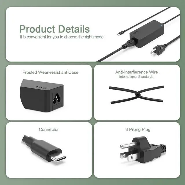 Alt view image 4 of 7 - 65W 45W USB-C Fast Charger Fit for HP Elitebook 840 Spectre x360 Chromebook Elite x2 x3 Type-C Laptop AC Power Adapter Supply Cord