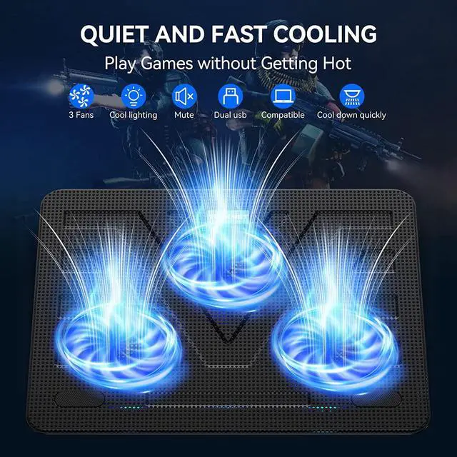 Alt view image 3 of 7 - TECKNET Laptop Cooling Pad, Portable Slim Quiet USB Powered Laptop Notebook Cooler Cooling Pad Stand Chill Mat with 3 Blue LED Fans, Fits 12-17 Inches (Black)