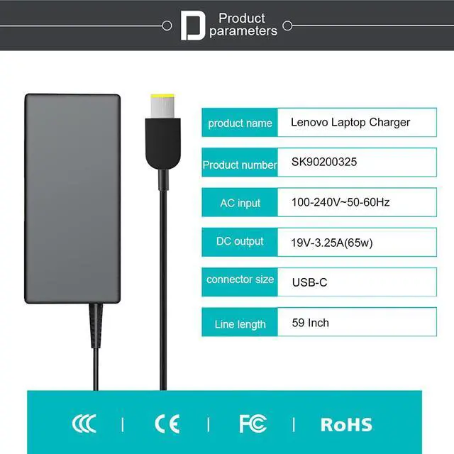 Alt view image 5 of 7 - AC Adapter 65W Charger Replacement For Lenovo Edge 15 Z50-75 Z70-80 B50-80 Z40-70 ThinkPad E570 11e Yoga 11e Chromebook E555 E550 T540p T440 T440p ideapad G50-45 G51-35 G50-70 G50-80 power supply cord