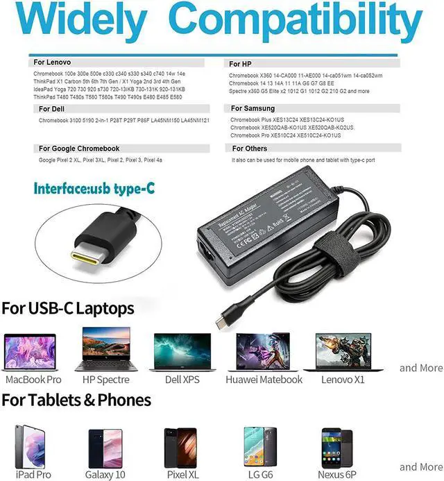 Alt view image 3 of 7 - Laptop Charger Type C Chromebook Charger USB-C for HP Chromebook Charger Laptop USB C Charger for  Charger 45W USB C Power Supply AC Adapter Power Cord Google Chromebook Charger