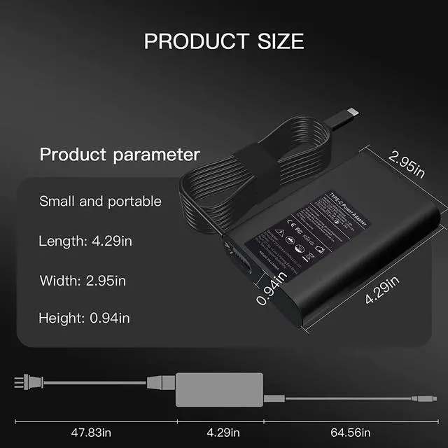 Alt view image 5 of 7 - 65W USB Type C AC Adapter for Dell Latitude 14 7400 7410 7420 5400 5420 5310, Dell Latitude 12 13 5300 5301 5320 7210 2-in1 USB-C Laptop Charger Power Supply Cord