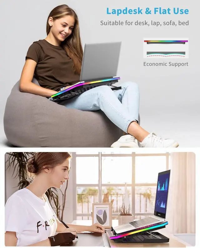 Alt view image 6 of 6 - Laptop Cooling Pad, KeiBn RGB Lights Laptop Cooler 6 Fans for 15.6-17.3 Inch Laptops, 7 Height Stands, 10 Modes Light, 2 USB Ports, Desk or Lap Use (A8,Red)