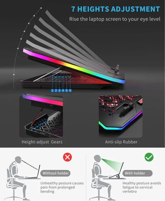 Alt view image 4 of 6 - Laptop Cooling Pad, KeiBn RGB Lights Laptop Cooler 6 Fans for 15.6-17.3 Inch Laptops, 7 Height Stands, 10 Modes Light, 2 USB Ports, Desk or Lap Use (A8,Red)