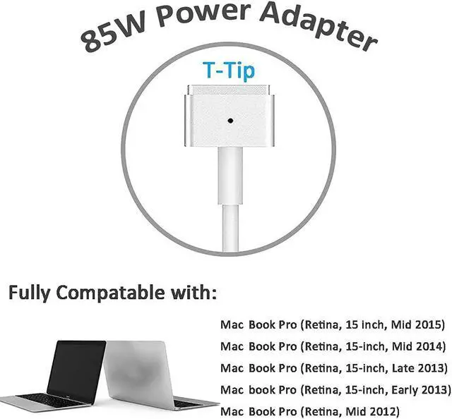 Alt view image 2 of 7 - Compatible with Mac Book Pro Charger, AC 85W T-Type Magnetic Replacement Power Adapter for 13/15/17-After Mid 2012
