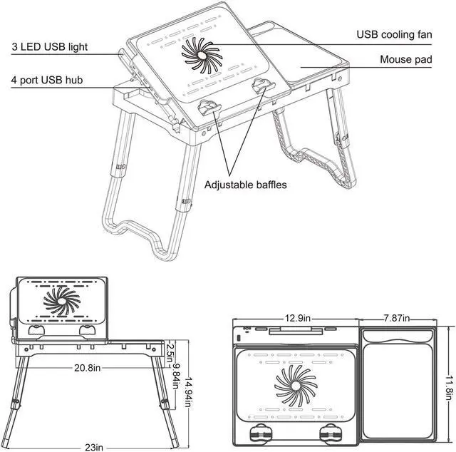 Alt view image 6 of 7 - TeqHome Laptop Table for Bed, Adjustable Laptop Bed Desk with Fan, 4 USB Ports, Portable Lap Desk with Foldable Legs, Laptops Stand for Couch Sofa Bed Tray with LED Light, Storage, Mouse Pad - White