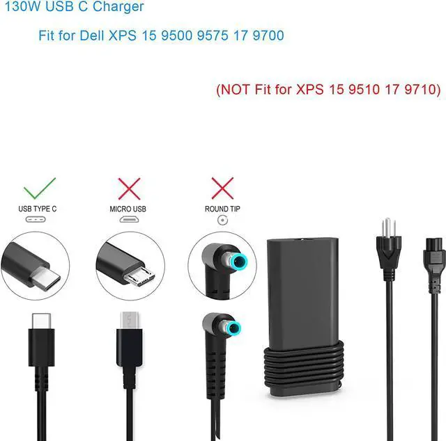 Alt view image 2 of 5 - 130W USB C Charger Fit for Dell-XPS 15 9500 9700 9575 T4V18 Laptop Type-C Power Supply Adapter Cord