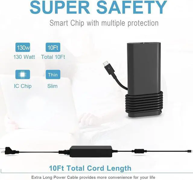 Alt view image 3 of 5 - 130W USB C Charger Fit for Dell-XPS 15 9500 9700 9575 T4V18 Laptop Type-C Power Supply Adapter Cord