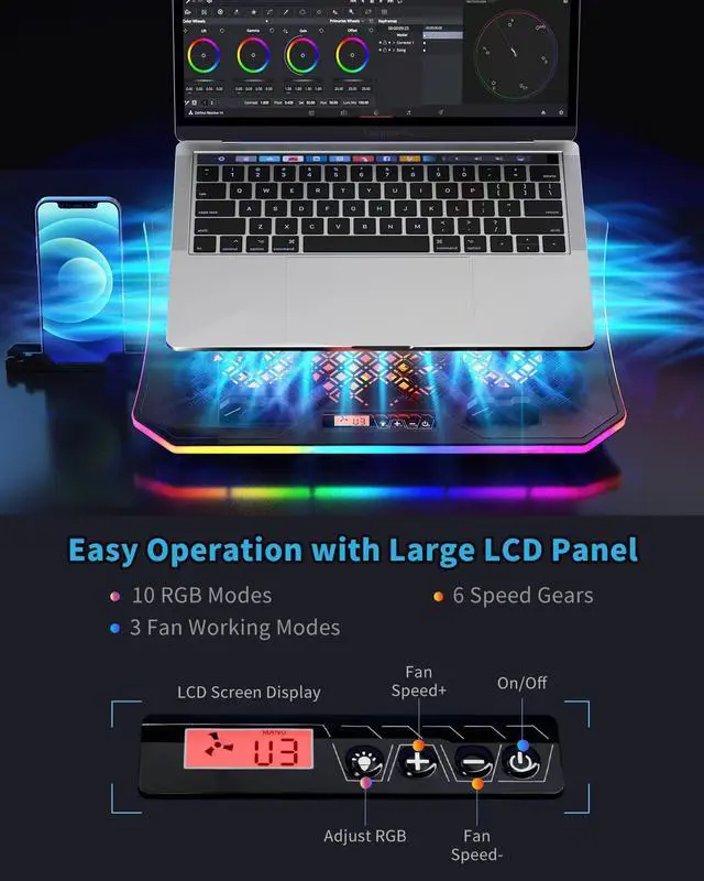 Alt view image 3 of 6 - Laptop Cooling Pad, KeiBn RGB Lights Laptop Cooler 6 Fans for 15.6-17.3 Inch Laptops, 7 Height Stands, 10 Modes Light, 2 USB Ports, Desk or Lap Use (A8,Red)