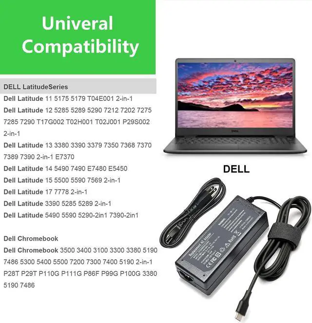 Alt view image 3 of 6 - 65W USB Type C AC Charger DA65NM190 for Dell Chromebook 3100 3300 3500 5190 2 in 1 Power Supply Adapter Cord