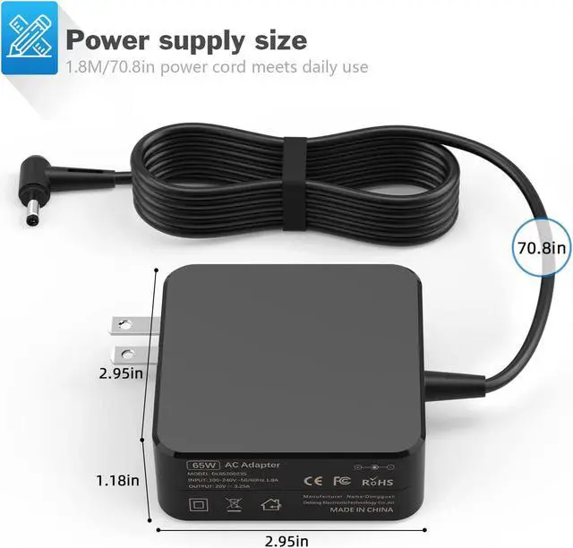 Alt view image 3 of 7 - 65W Laptop Charger Wall Adapter for Lenovo IdeaPad 710s 710 510s 510 310 110 100 100; Yogo 710 510 Flex 4 1480 1580 Laptops P/N: ADLX65CLGU2A 5A10K78745