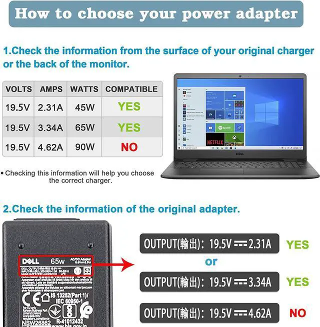 Alt view image 4 of 7 - 65W 45W AC Adapter Laptop Charger Compatible with Dell Inspiron15-3000 15-5000 15-7000 11-3000 14-3000 14-5000 13-5000 13-7000 Series 3521 5548 5784 1525 3190 7490 3310 3583 XPS Power Cord
