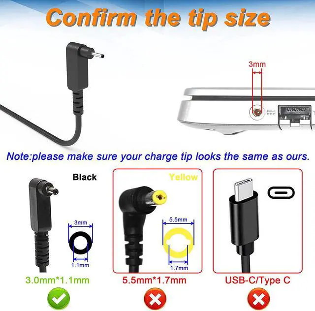 Alt view image 2 of 7 - 65W 45W Replacement for Acer Laptop Charger Chromebook 11 13 14 15 R11,C720 CB3-532 CB5 A13-045N2A N15q8 N16p1 N15Q9,Aspire One Cloudbook 11 14 AO1-131-C7DW C9PM,for Spin Swift Power Adapter Cord
