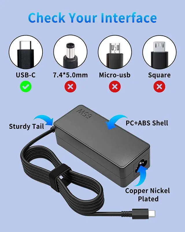 Alt view image 2 of 7 - ATHETRS 65W 45W Type C USB C Charger, Fast Chromebook Charger Compatible with Lenovo Thinkpad, HP Chromebook, Dell Latitude, Mac Book Pro, Acer Chromebook, Huawei Matebook, Samsung Oneplus Smart Phone