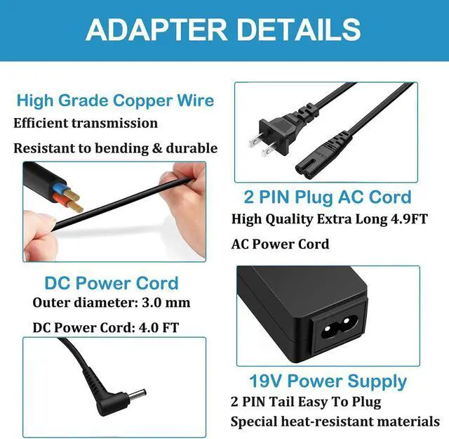 Alt view image 7 of 7 - 19V Charger for Samsung Galaxy Book Flex Alpha 13.3 NP730QCJ-K01US NP730QCJ-K02US, Flex 2 Alpha 13.3" NP730QDA-KB1US NP730QDA-KA1US Power Supply Cord 8.8FT (UL Listed)