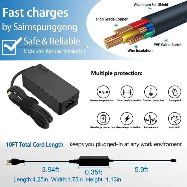 Alt view image 5 of 7 - Laptop USB C Charger for  ThinkPad 65 Watt 20V 3.25A Type-C USB AC Adapter ADLX65YDC2A ThinkPad X280 X380 X390 L390 E480 E580 E590 E495 T480 T490 x1 Carbon Power Adapter  Laptop Charger