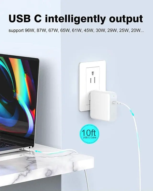 Alt view image 7 of 7 - 10ft Charger for MacBook Pro/Air 16 15 14 13 inch 2025 2024 2023 2022 2021 2020 M1 M2 M3 M4 96W USB C Power Adapter LED 100W USB-C Cable Charging as Fast as Original Quality