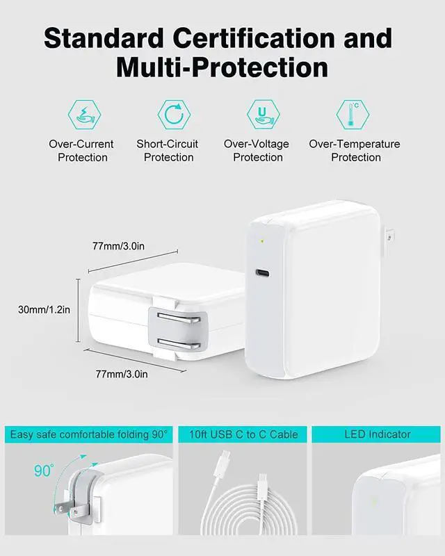 Alt view image 5 of 7 - 10ft Charger for MacBook Pro/Air 16 15 14 13 inch 2025 2024 2023 2022 2021 2020 M1 M2 M3 M4 96W USB C Power Adapter LED 100W USB-C Cable Charging as Fast as Original Quality