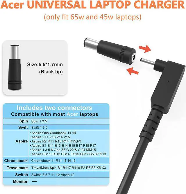Alt view image 2 of 7 - 65W Universal AC Charger Compatible with Acer Aspire 5 A515 R5 Chromebook 11 13 14 15 C720 CB3-532 C738T CB5 Spin SP111 Swift SF315 TravelMate Spin B118 Spin SP513 SF314 Cloudbook Series Power Cord
